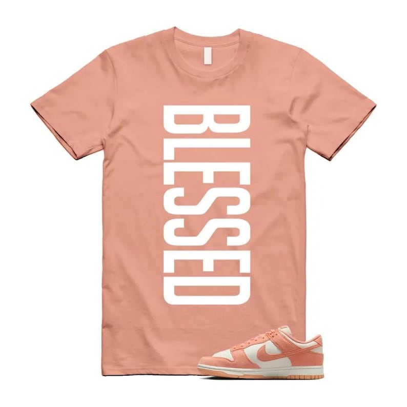 Pu&ograve; includere: Una maglietta color pesca con la scritta "BLESSED" in grandi lettere maiuscole bianche. Un paio di scarpe da ginnastica color pesca e bianche si trova nella parte inferiore della maglietta. La maglietta e le scarpe da ginnastica sono su sfondo bianco.