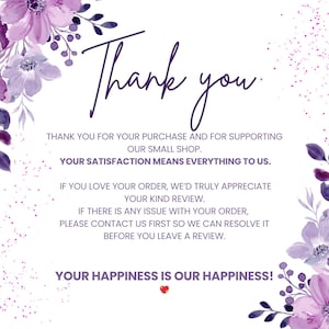 May include: A thank you card with a floral design in shades of purple. The card includes the text "Thank you" in cursive, along with a message expressing gratitude for the purchase and support of a small shop.
