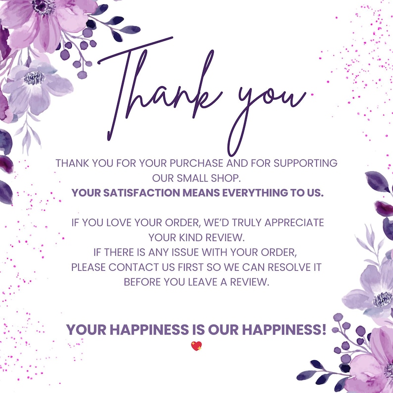 May include: A thank you card with a floral design in shades of purple. The card includes the text "Thank you" in cursive, along with a message expressing gratitude for the purchase and support of a small shop.