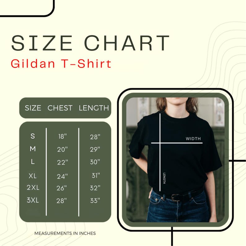 May include: A size chart for Gildan T-shirts, with chest and length measurements in inches. Sizes range from S to 3XL, with chest measurements from 18" to 28" and lengths from 28" to 33". A person is wearing a black T-shirt.