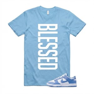 Pu&ograve; includere: Una maglietta azzurra con la parola "BLESSED" stampata verticalmente in bianco. Un paio di scarpe da ginnastica azzurre e bianche sono posizionate davanti alla maglietta.