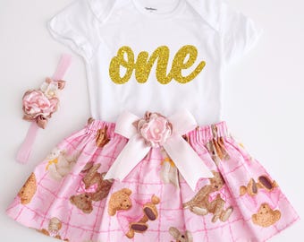 Teddy Bear 1st Birthday Dress– Pink Bear Cake Smash Dress–Glitter One Dress–Baby Girl Birthday Outfit-Pink Teddy Bear Birthday-Birthday Tutu