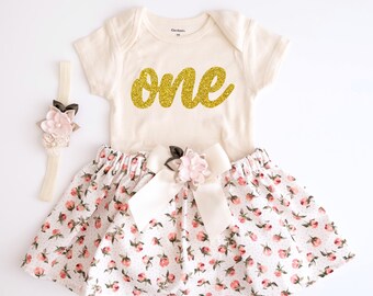 Blommig 1-årsfödelsedagsoutfit – Vintage Rose Cake Smash-klänning – Glitter One-klänning – Shabby Chic Flickafödelsedag - Shabby Chic 1-årsfödelsedag