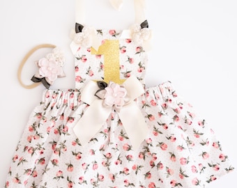 Blommig 1-årsfödelsedagsoutfit – Vintage Rose Cake Smash-klänning – Glitter One-klänning – Shabby Chic Flickafödelsedag - Shabby Chic 1-årsfödelsedag
