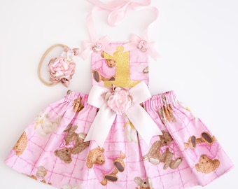 Teddy Bear 1st Birthday Dress– Pink Bear Cake Smash Dress–Glitter One Dress–Baby Girl Birthday Outfit-Pink Teddy Bear Birthday-Birthday Tutu