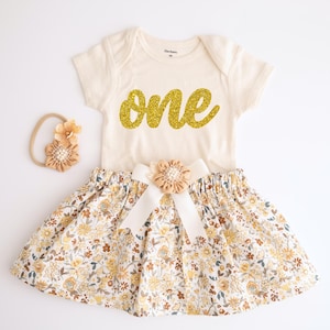 Boho Floral 1st Birthday Outfit Girl-Neutral Cake Smash Dress–Golden One Dress–Boho Baby Girl Birthday Outfit - Boho Birthday - 1st Birthday