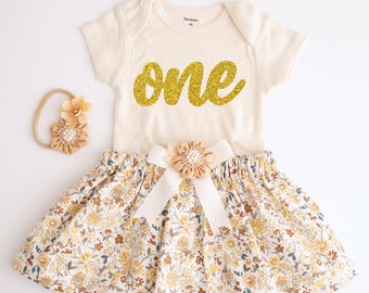 Boho Floral 1st Birthday Outfit Girl- Neutral Cake Smash Dress - Golden One Dress - Boho Baby Girl Birthday Outfit - Boho Birthday - 1st Birthday