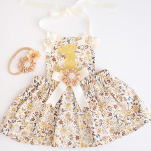 Boho Floral 1st Birthday Outfit Girl-Neutral Cake Smash Dress–Golden One Dress–Boho Baby Girl Birthday Outfit - Boho Birthday - 1st Birthday