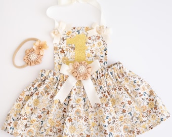 Boho Floral 1st Birthday Outfit Girl- Neutral Cake Smash Dress - Golden One Dress - Boho Baby Girl Birthday Outfit - Boho Birthday - 1st Birthday