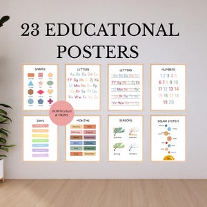 May include: A collection of 23 educational posters, including shapes, letters, numbers, days, months, seasons, and the solar system. The posters are displayed in wooden frames, with the text "23 EDUCATIONAL POSTERS" at the top.