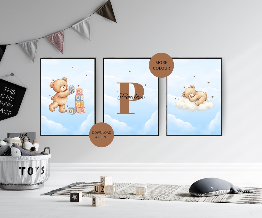 Set of 3 Custom Teddy Bear Nursery Wall Art Print, Personalised Name ...