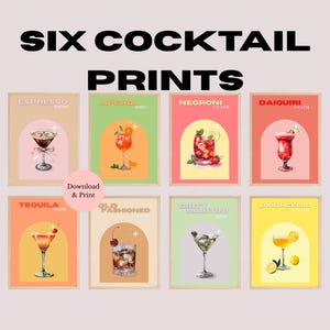 Cocktail Print Set of 8, Colorful Bar Cart Gallery Wall Set, DIGITAL DOWNLOAD, Retro Cocktail Posters, Bar Printable Art, Drinks Wall Decor
