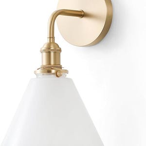 Mid Century Modern Wall Sconce – Milk Glass Cone Light with Bulb Included | Solid Brass Bathroom, Kitchen, Bedroom, or Hallway Light Fixture