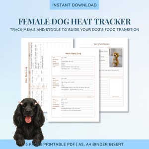 Può includere: Un PDF stampabile con un tracker del calore per cagne. Il documento include un registro del ciclo del calore, un registro giornaliero e note di visita veterinaria. Un cane nero con fiocchi rosa è nell'immagine. Il testo recita "Download istantaneo".