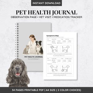 May include: A printable pet health journal in A4 size featuring a gray spiral-bound cover with an illustration of a veterinarian, a cat, and a dog. The journal includes an observation page, vet visit tracker, medication tracker, and symptoms map.