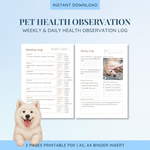 May include: A printable pet health observation log with weekly and daily sections. The log includes space for notes on mood, appetite, and symptoms. A smiling white dog is in the lower left corner. The text "Instant Download" is at the top.