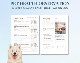 Registro de salud canina imprimible / Registro de observaciones semanales y diarias (PDF, hoja para carpeta A4)