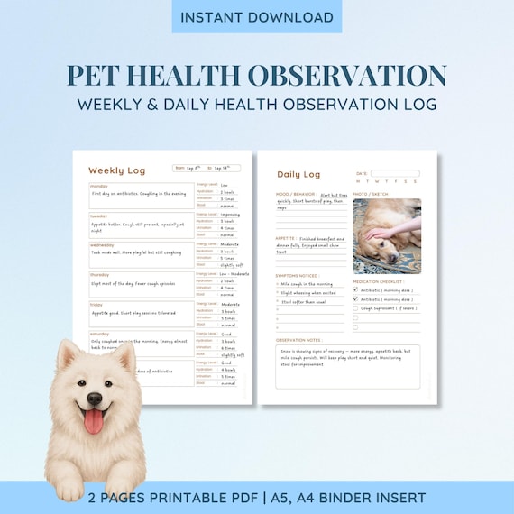 Dog Health Tracker Printable | Weekly & Daily Observation Log (PDF, A4 Binder Sheet)