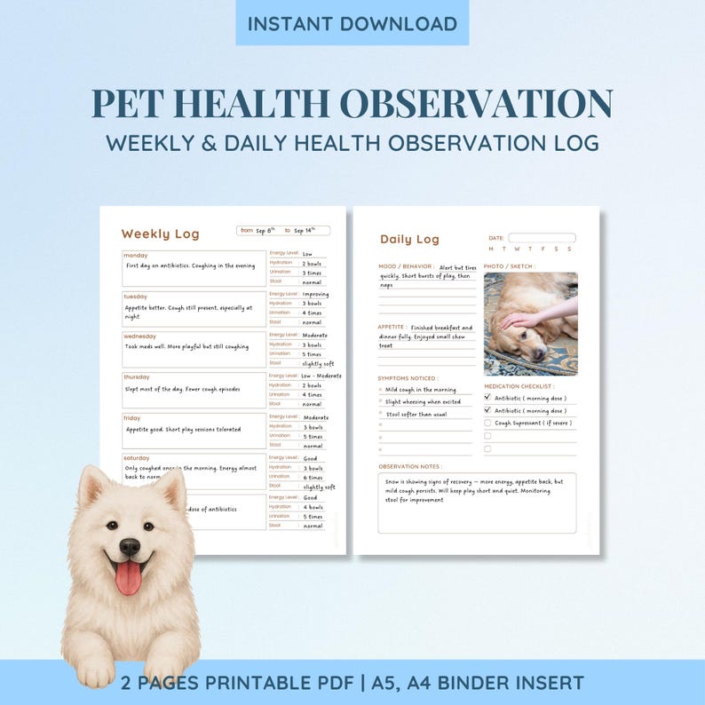 May include: A printable pet health observation log with weekly and daily sections. The log includes space for notes on mood, appetite, and symptoms. A smiling white dog is in the lower left corner. The text "Instant Download" is at the top.