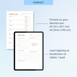 May include: A digital planner with a weekly and daily log layout, displayed on a tablet and a printed sheet. The image includes text indicating the planner is designed for use on Goodnotes on a tablet or iPad, and is available in A4 (21 x 29.7 cm) and A5 (14.8 x 21 cm) sizes.
