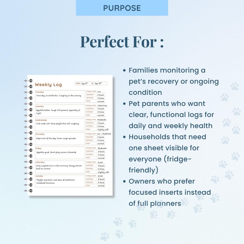 May include: A spiral-bound weekly log with the title "Weekly Log" and the text "Purpose" and "Perfect For:" in a light blue background. The log includes sections for daily entries and monitoring pet health.