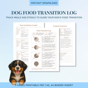 以下が含まれることがあります： 「DOG FOOD TRANSITION LOG」と「TRACK MEALS AND STOOLS TO GUIDE YOUR DOG'S FOOD TRANSITION」のテキストが入った、印刷可能な犬用フード移行ログ。食事、便、進捗状況を追跡するためのセクションが含まれています。笑顔のバーニーズマウンテンドッグの子犬が画像にいます。