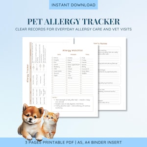 May include: A printable pet allergy tracker with a watercolor illustration of a puppy and kitten. The tracker includes sections for safe, trigger, and trial foods, along with vet notes. The text reads "Pet Allergy Tracker" and "Instant Download."