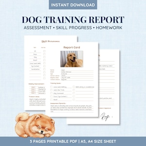 Può includere: Report di addestramento per cani stampabile con sezioni di valutazione, progressi delle abilità e compiti a casa. Include una scheda di valutazione con una foto di un Golden Retriever. Disponibile nei formati A5 e A4.