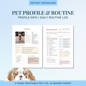 Könnte beinhalten: Ein druckbares Haustierprofil und ein tägliches Routineprotokoll mit einem Golden Retriever-Bild. Das Profil enthält Details wie Rasse, Geburtsdatum und besondere Merkmale. Der tägliche Routineabschnitt enthält einen Zeitplan, einen Essensplan und Notizen.