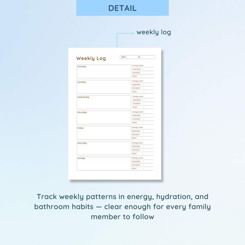 May include: A white weekly log sheet with a light brown border. The log is divided into days of the week, with sections for energy level, hydration, and bathroom habits. The text "DETAIL" and "weekly log" are also visible.