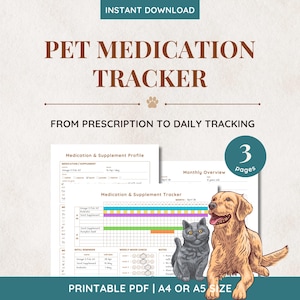 May include: A printable pet medication tracker PDF featuring three pages with sections for medication profiles, monthly overviews, and daily tracking. The design includes brown text, a teal circle with the number 3, and illustrations of a dog and cat.