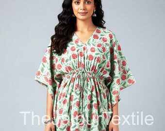 Hand Block Print Cotton Kaftan Dress, Indian Floral Maxi Loungewear