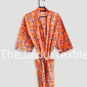 綿100％の花柄着物ローブ：軽量サマービーチカバーアップ