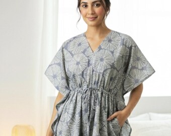 100% Cotton Floral Hand Block Print Kaftan Dress, Jaipur Artisan Loungewear