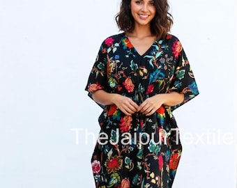 Hand Block Printed Cotton Kaftan, Bohemian Maxi Dress, Beach Cover Up