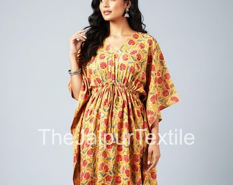 Vestido caftán de algodón con estampado floral, estilo bohemio, maxivestido playero para mujer.