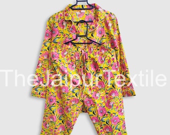 Hand Block Printed Cotton Pajama Set: Floral Lounge Wear
