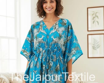 Indischer Animal Print Baumwolle Kaftan, Langer Morgenmantel, Maxi Kleid, Brautjungfer Vorschlag