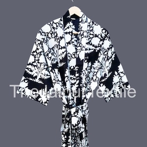 Indian Block Print Cotton Kimono Robe: Lightweight Loungewear