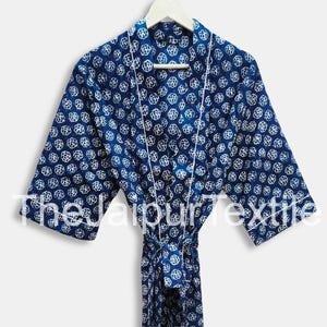 Blue Indigo Cotton Kimono Robe: Boho Dressing Gown, Block Print Robes For Women, Plus Sized robes, Beach Cover Up, Lounge Wear, Casual wear