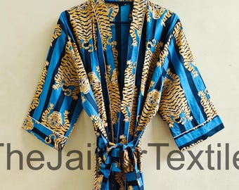Kimono Robe aus 100% Baumwolle, Handblockdruck Tiger, Leichte Sommer Loungewear