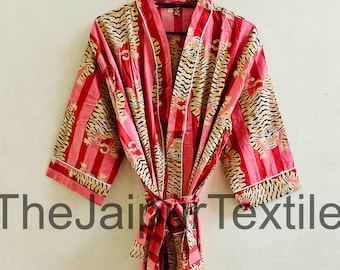Kimono Robe aus 100% Baumwolle, Leichter Morgenmantel mit Blockprint, Boho Floral Loungewear
