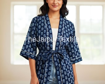 Handblockdruck-Baumwollkimono-Robe, leichte Blumen Boho Loungewear