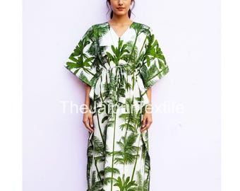 100% Cotton Hand Block Print Kaftan Maxi Dress, Bohemian Resort Beach Cover Up