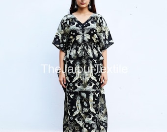 Hand Block Print Cotton Kaftan, Boho Dress, Loose Fit Lounge Wear, Beach Cover Up