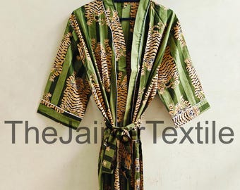 Block Print Cotton Kimono Robe: Lightweight Lounge Wear