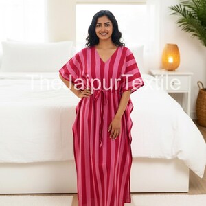 Caftano in cotone indiano: stampa a righe, coulisse regolabile in vita