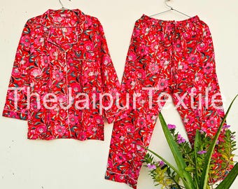 Hand Block Print Cotton Pajama Set: Floral Indian Sleepwear