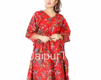 100% Cotton Kaftan Dress, Boho Floral Hand Block Print, Loose Summer Beach Cover Up