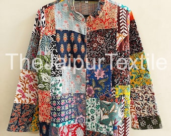 Jaqueta acolchoada de algodão com patchwork floral, casaco multicolorido com estampa feita à mão, jaqueta boho reversível
